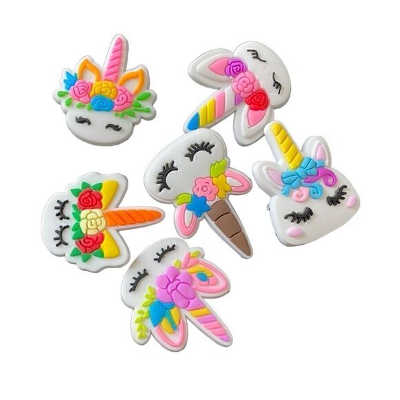 6 piece set Cartoon Unicorn Design Shoe Charms For Croc Sandals Cute Fit Kids - Picture 1 of 5
